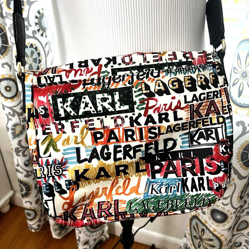 Karl Lagerfeld Paris White Multi-Color Scribble Print Crossbody Messenger Bag